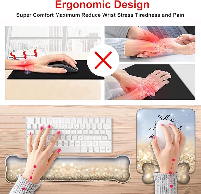 Wrist Rest Support Ergonomic Gel Mouse Pad & Memory Foam Keyboard Set, Non-Slip Rubber PU Base for Home Office Working Studying Easy Typing & Pain Relief - Bible Verses Proverbs 31:25