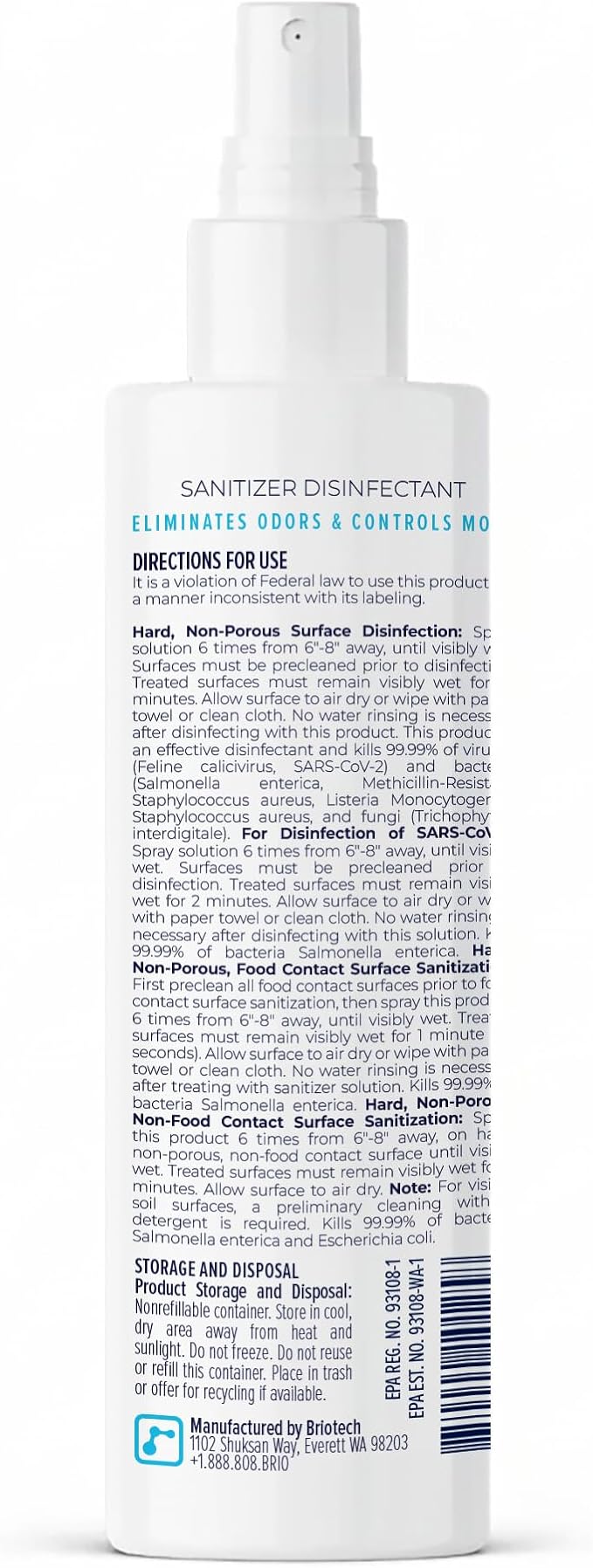 BRIOTECH Sanitizer Disinfectant Hypochlorous Spray, Kill 99.99% of Viruses & Bacteria, Control Mold, Eliminate Odor, Gentle for Nursery & Play Rooms, Food Contact Surface Sanitizer, 8 fl oz (2 Pack)