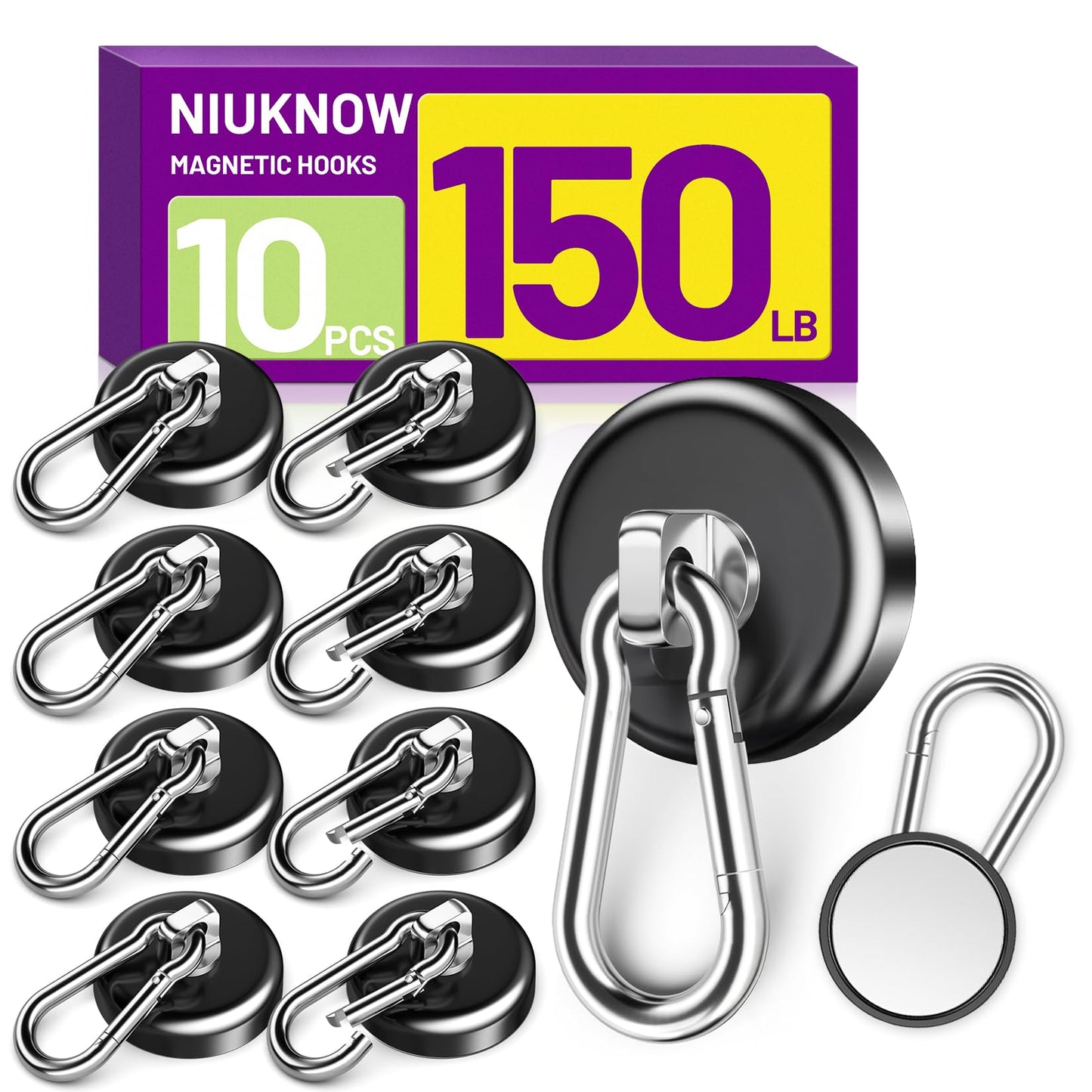 Niuknow Magnetic Hooks for Cruise Cabins, 150LBS Neodymium Extra Strong Magnetic Hooks with Swivel Carabiner for Hanging for Grill, Office, Kitchen, Classroom, 10 Pack, Black