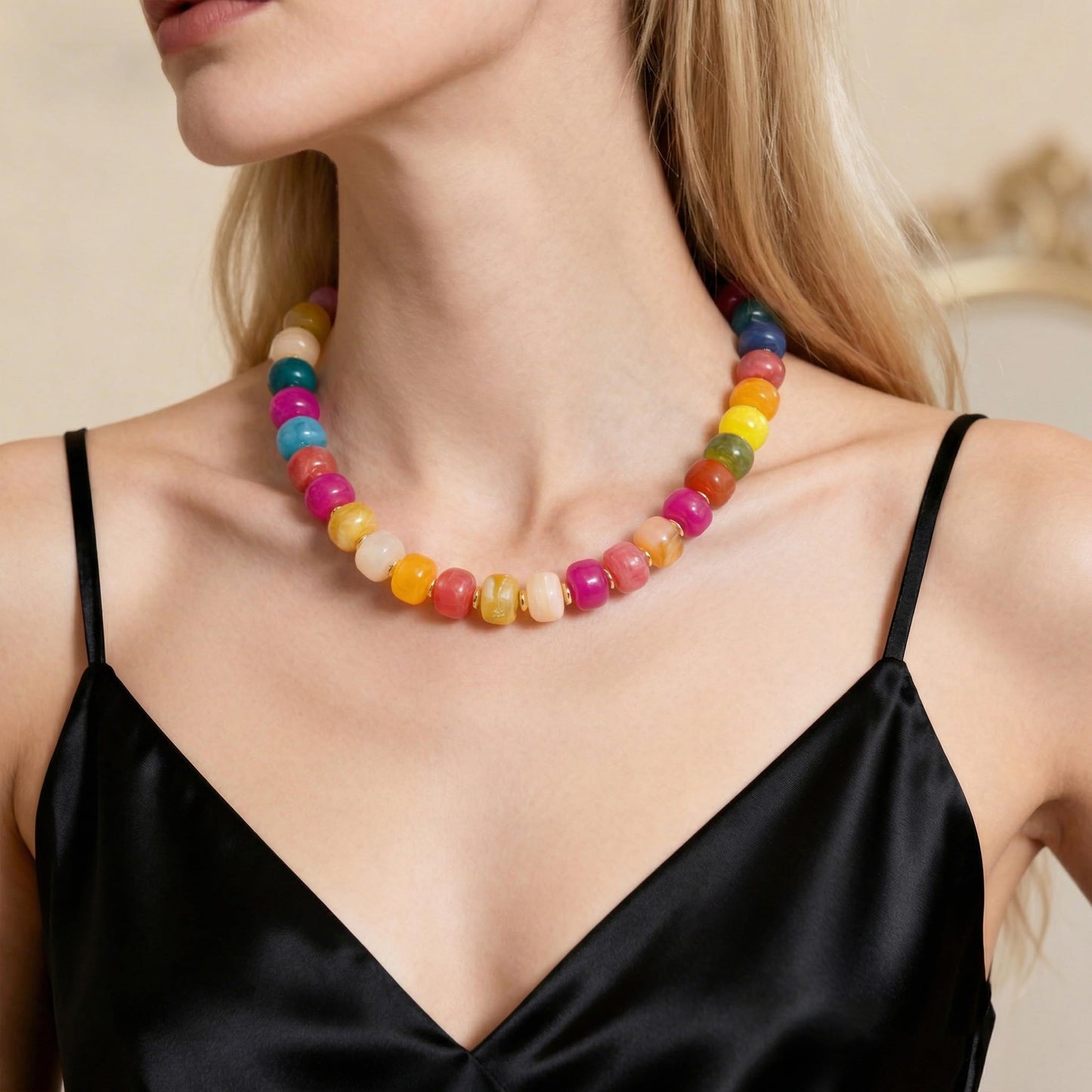 Zhuozatrfa Colorful Beaded Necklace for Women Unique Resin Beads Choker Necklaces Boho Statement Chunky Necklace Summer Vacation Jewelry