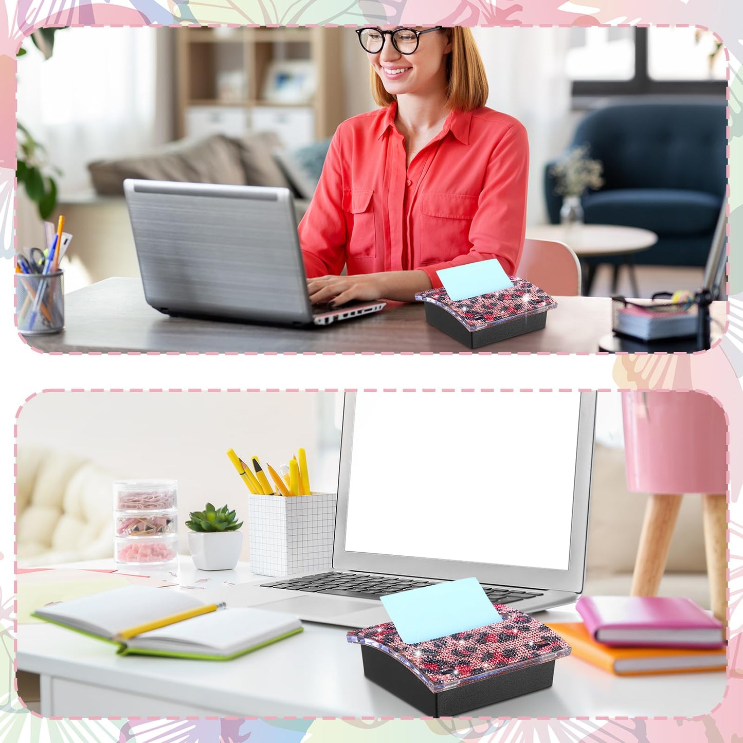 Barydat Rhinestone Self Stick Note Dispenser 4 x 4 Inches Pop up Note Pad Holders with Leopard Print Top Sticky Memo Holder for Office Home Classroom Desk Supplies