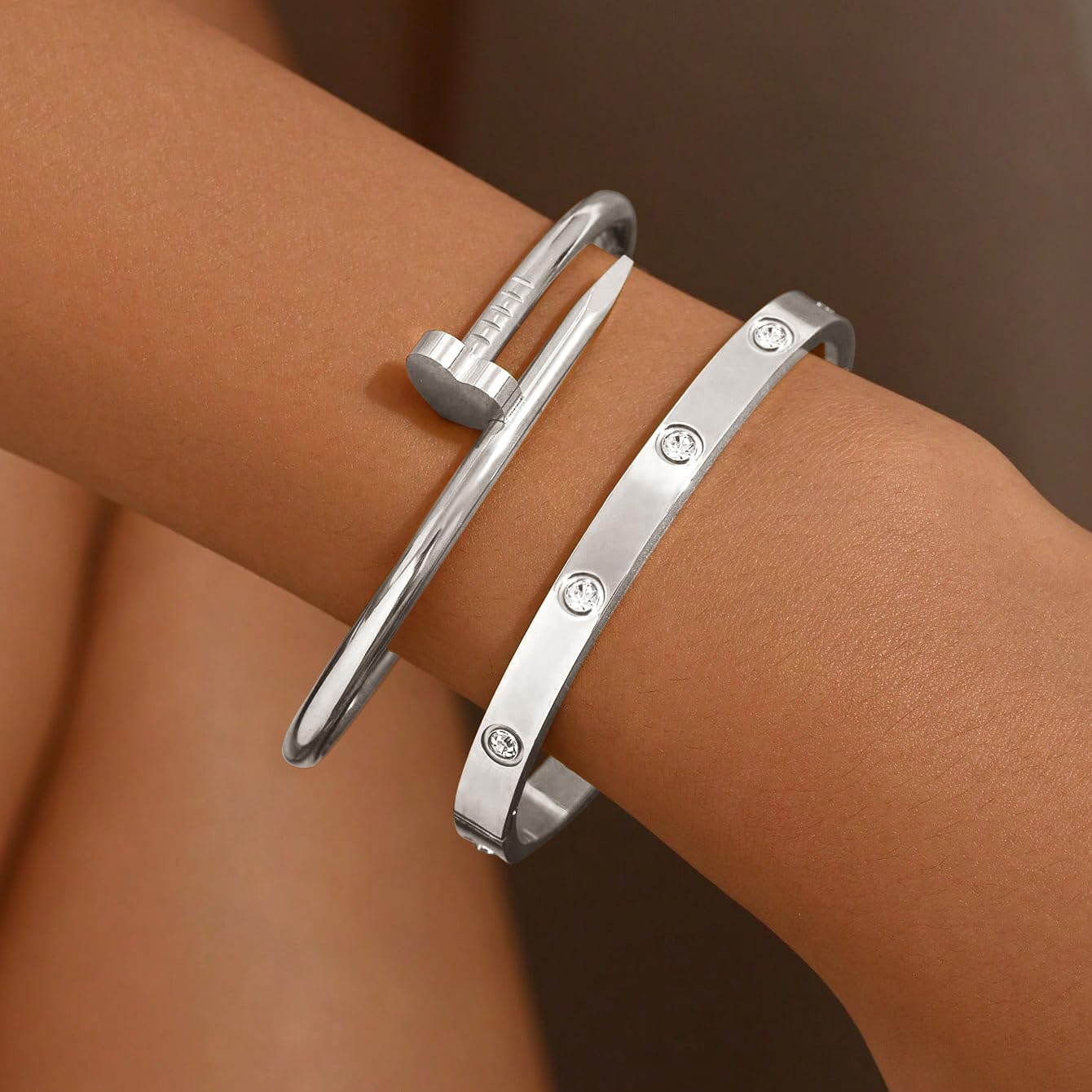 sineed 18K Gold Plated Stainless Steel Love Nail Bangle Clover Bracelet Set Stackable Dupes for Love Trendy Jewelry (White Gold)