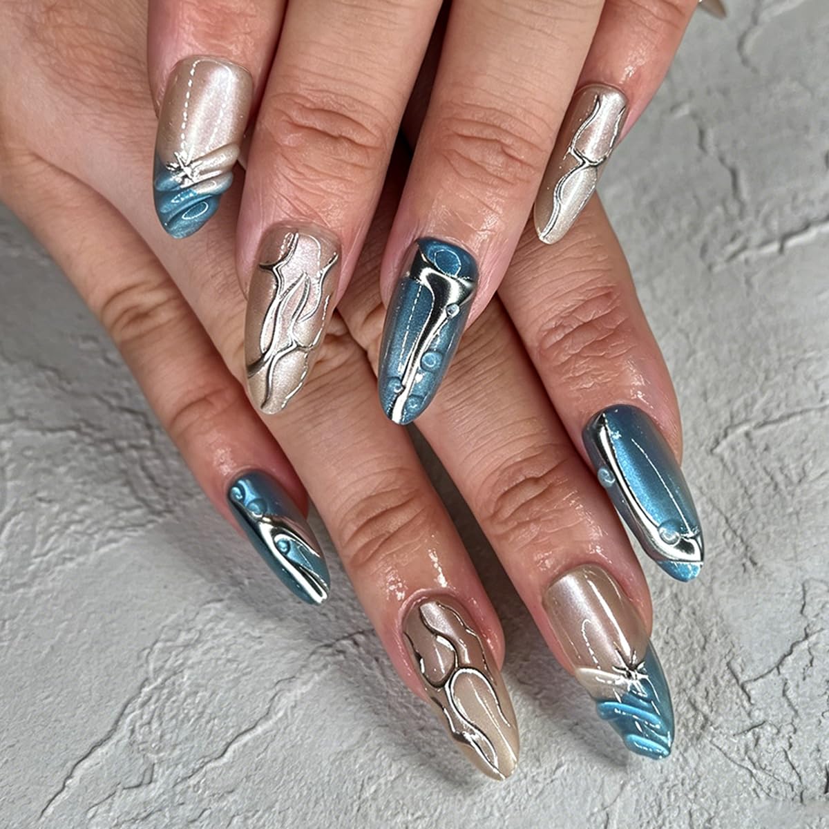 3D Press On Nails Almond Medium Fake Nails with Cat's Eye Glossy Relief Lines High-end Designs, Acrylic Artificial Nail Press ons False Stick On Nails for Women Girls 30Pcs