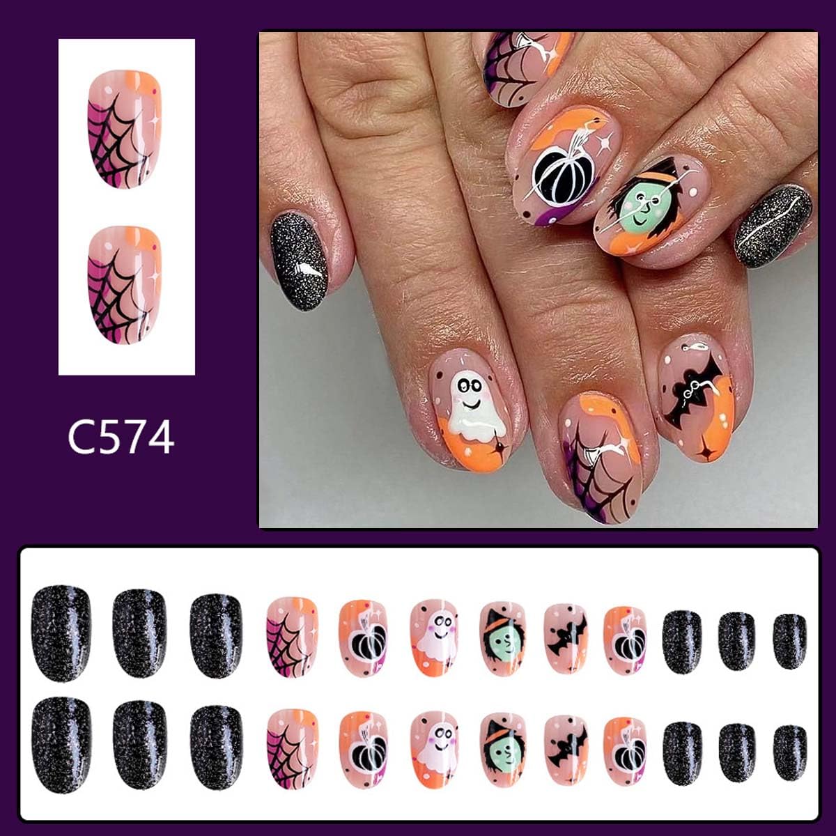 Short Oval Press on Nails Halloween Motifs Fake Nails with Ghost,Spider Web,Pumpkin Design,Full Cover Stick on Nails for Women Manicure,Reusable | Artificial | Nail Sticky Tabs | Easy Apply | 24Pcs