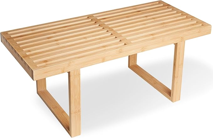 Bamboo Nelson Slat Wooden Bench, Small Wood Benches for Entryway, Living & Dining Room, Kitchen, Bedroom, Bathroom, Hallway, Front Door, For Indoor & Outdoor Patio Use, Mid Century Modern Decor