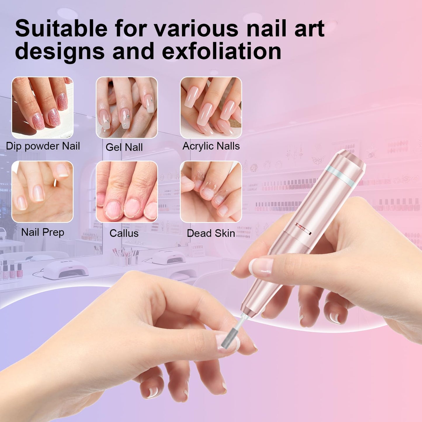 Professional Electric Nail Drill 40000RPM for Salon Home Use, Rechargeable Nail File Machine Kit with 12PCS Bits for Acrylic Gel Nails, Portable Efile Manicure Pedicure Tool (Pink Blue)