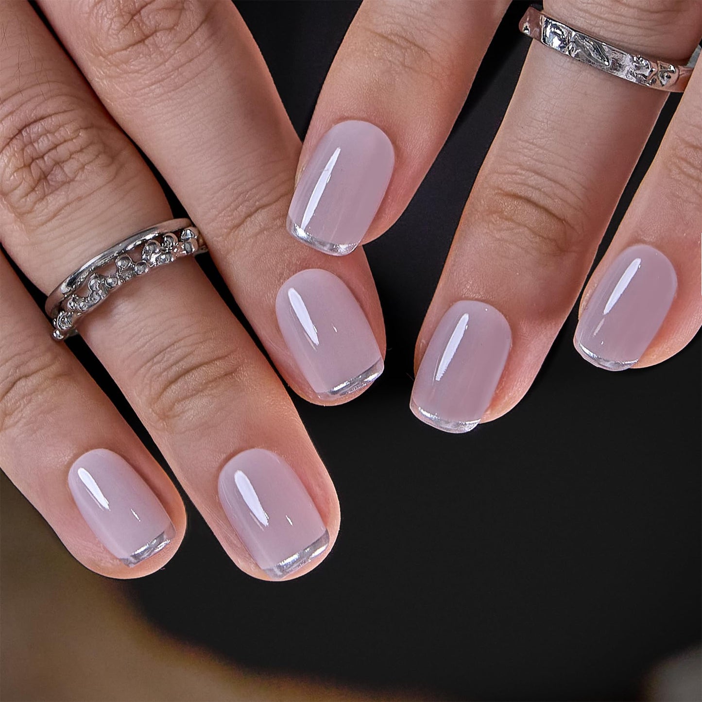 Curvlife Press on Nails Acrylic Fake Nails with Design Full Cover False Nails for Women Reusable Nail Kit with Nail Glue Adhesive Tabs Nail File (Ivory silvery white, Medium)