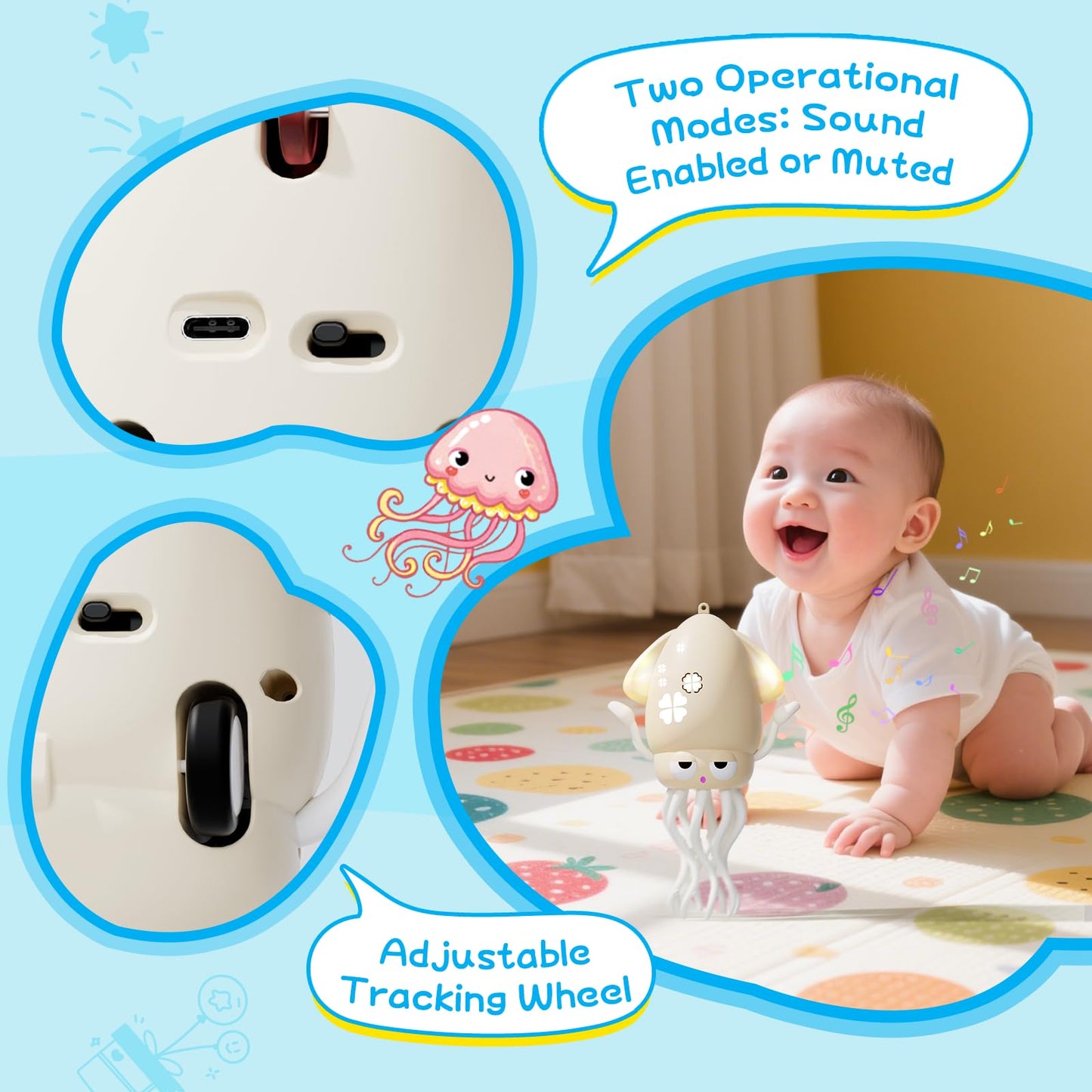 WAYPIN SION Crawling Dancing Octopus Toy for Kids – Rechargeable Interactive Sensory Toy with LED Lights & Music, Fun Tummy Time Gift for Birthdays & Holidays (Off-White)