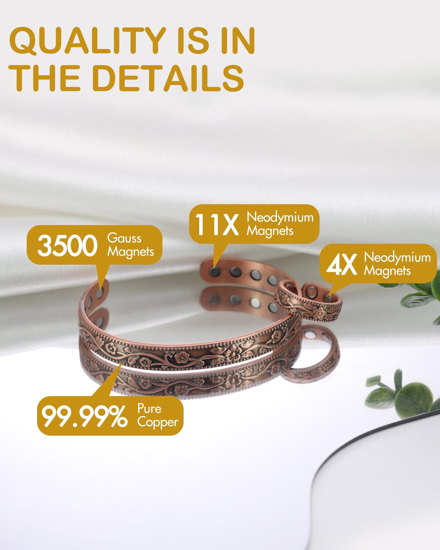 Feraco Copper Bracelet & Lymphatic Drainage Rings for Women, Vintage Flower Magnetic Cuff Bangle, 99.99% Pure Copper with Neodymium Magnets, Adjustable with Gift Box