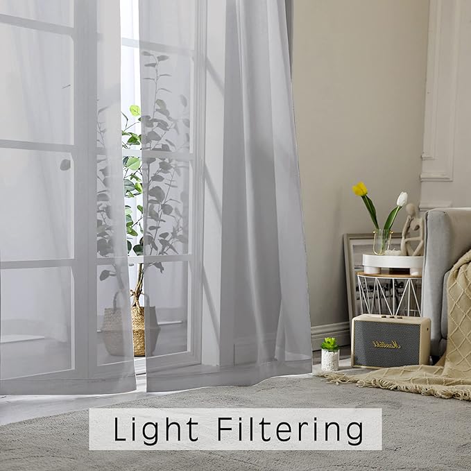OVZME Grey Sheer Curtains - 96" Inch Length 2 Panels Set, Light Filtering Soft Rod Pocket Voile Drapes for Living Room/Bedroom, Each 42" W x 96" L