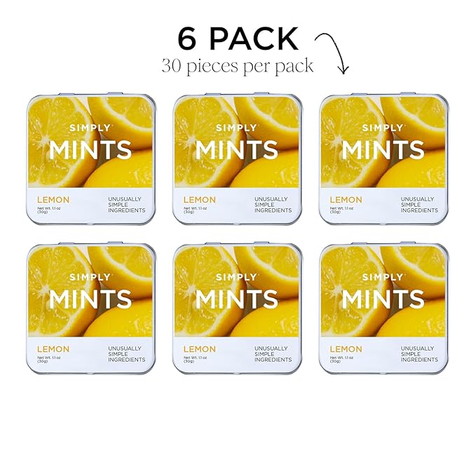 SIMPLY Mints | Lemon Breath Mints | Pack of Six (180 Pieces Total) | Zesty & Refreshing + Aspartame-Free + Vegan + non-GMO