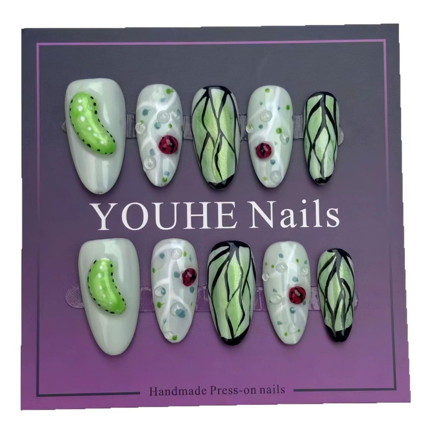 Threelegscat Press on Nails Almond Medium Handmade Fake Nails with Cute Leaf Designs for Women and Girls Size L 10pcs