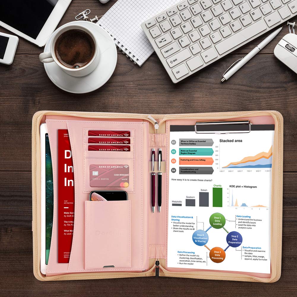 Darolin Zippered Leather Padfolio Portfolio with [Hidden Handle] and [Clipboard], Business Conference Portfolio Organizer Notepad Folder, Padfolio for Women/Men (Rosegold)