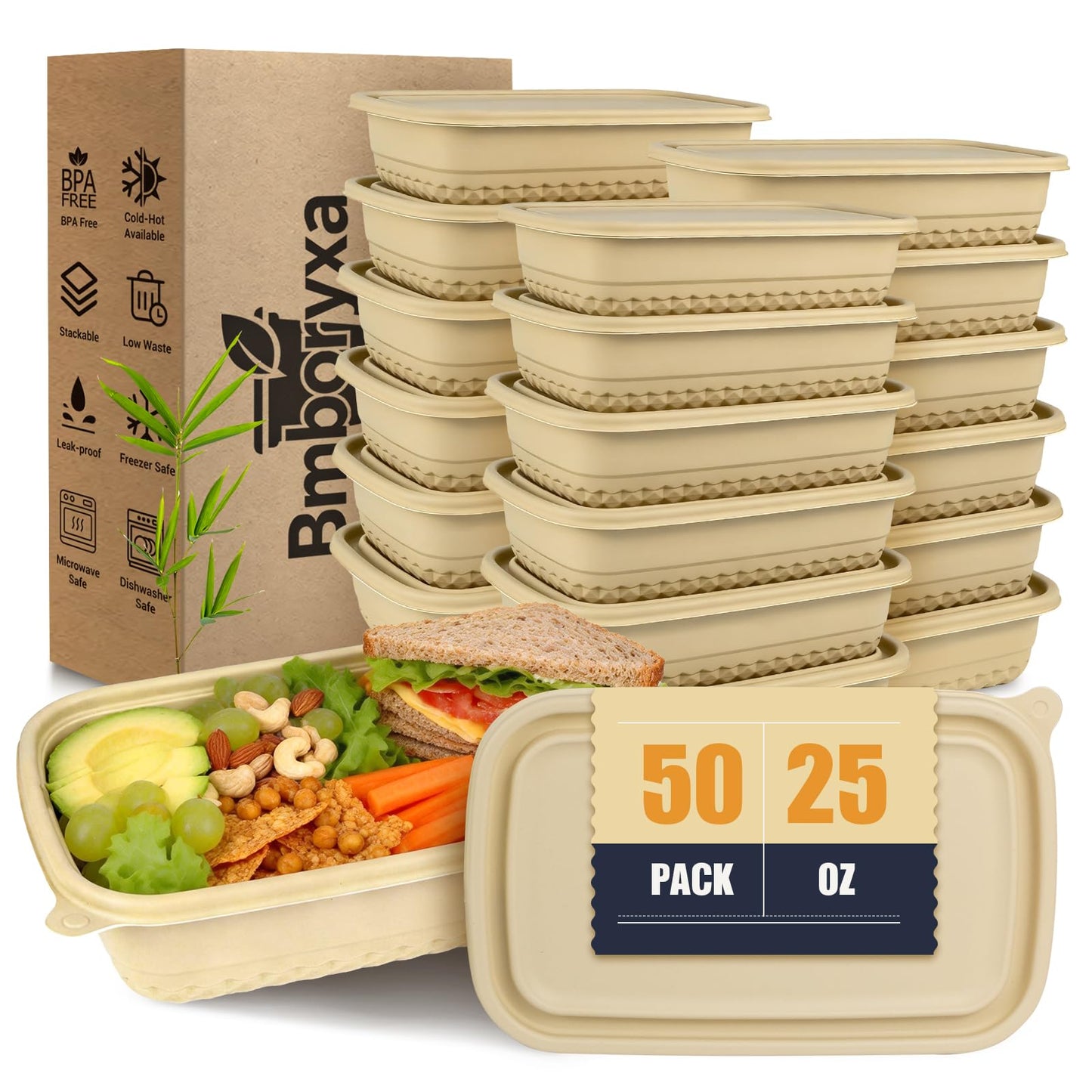 Bmboryxa 50Pack Meal Prep Containers Reusable with Lids, 25oz Bamboo-Powder Food Containers for Lunch Portion Control To Go Takeout Party Supplies, Safe for Microwave Freezer Dishwasher