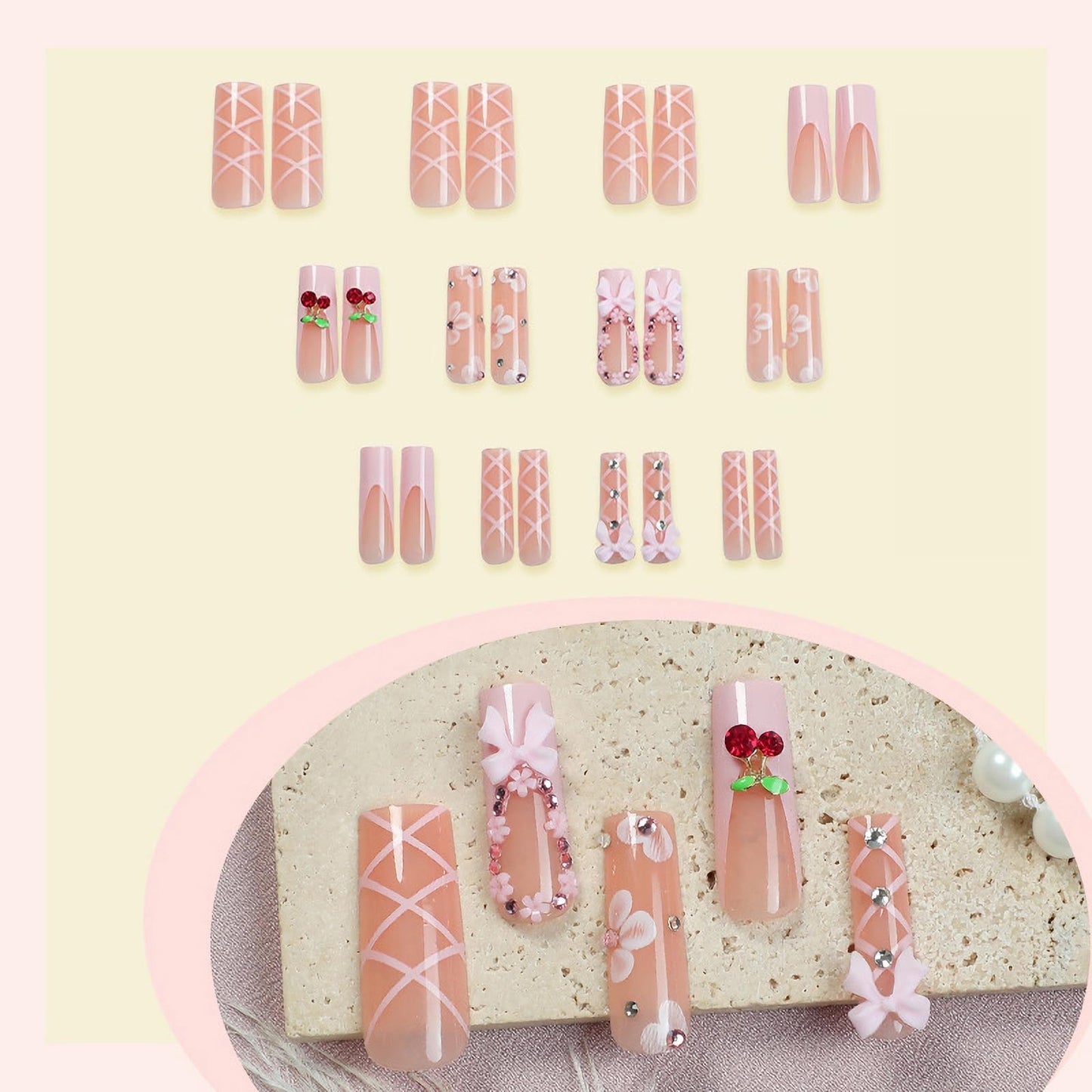 MISUD Press on Nails - Long Square Fake Nails with Pink, Acrylic Flower Cherry Design 24 pcs