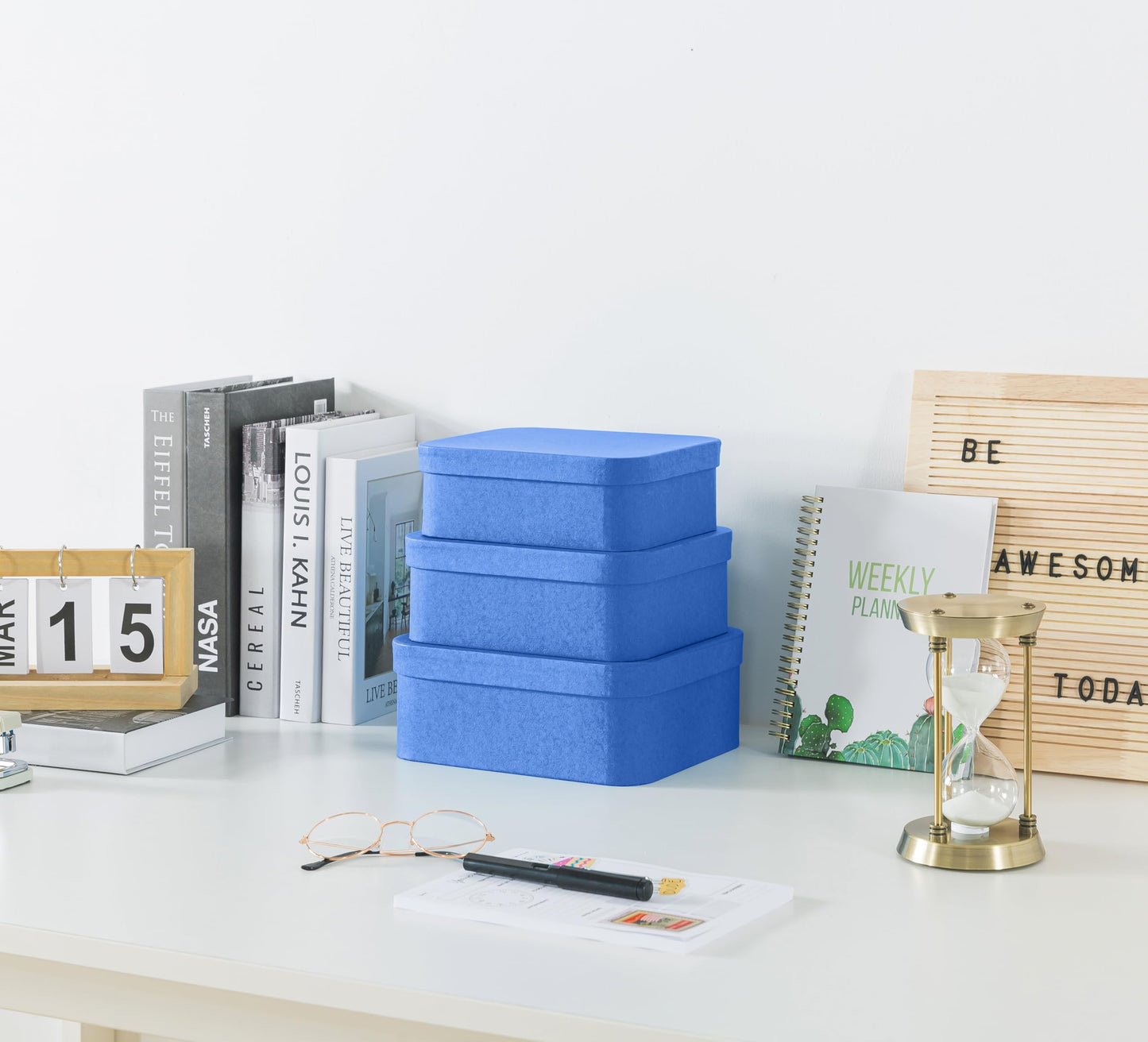 Soul & Lane Set of 3 Textured Royal Blue Boxes with Rounded Edges, Nesting Decorative Cardboard Boxes with Lids, Large Paperboard Storage for Organizing, Keepsakes, Gifts