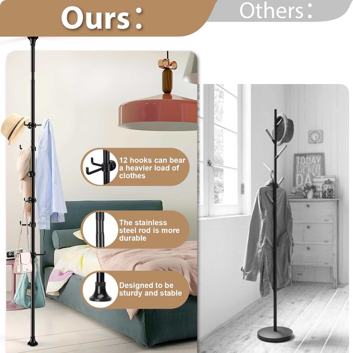Sempicad Coat Rack Freestanding, 56 to 125 inch Adjustable Tension Rod Hanger with 12 Hooks for Hanging Coat, Plant,Jacket, Hat, Scarf, Suitable for Living Room, Balcony, Kitchen Black