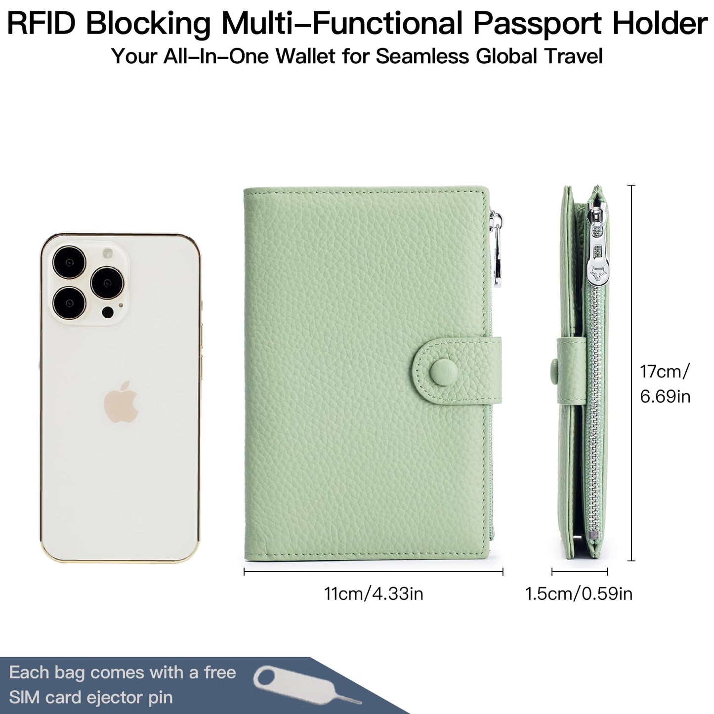 Genuine Leather RFID Blocking Passport Holder Wallet, Multi-Functional Travel Document Organizer with Zipper Pocket, Includes SIM Card Ejector Pin (Blue)