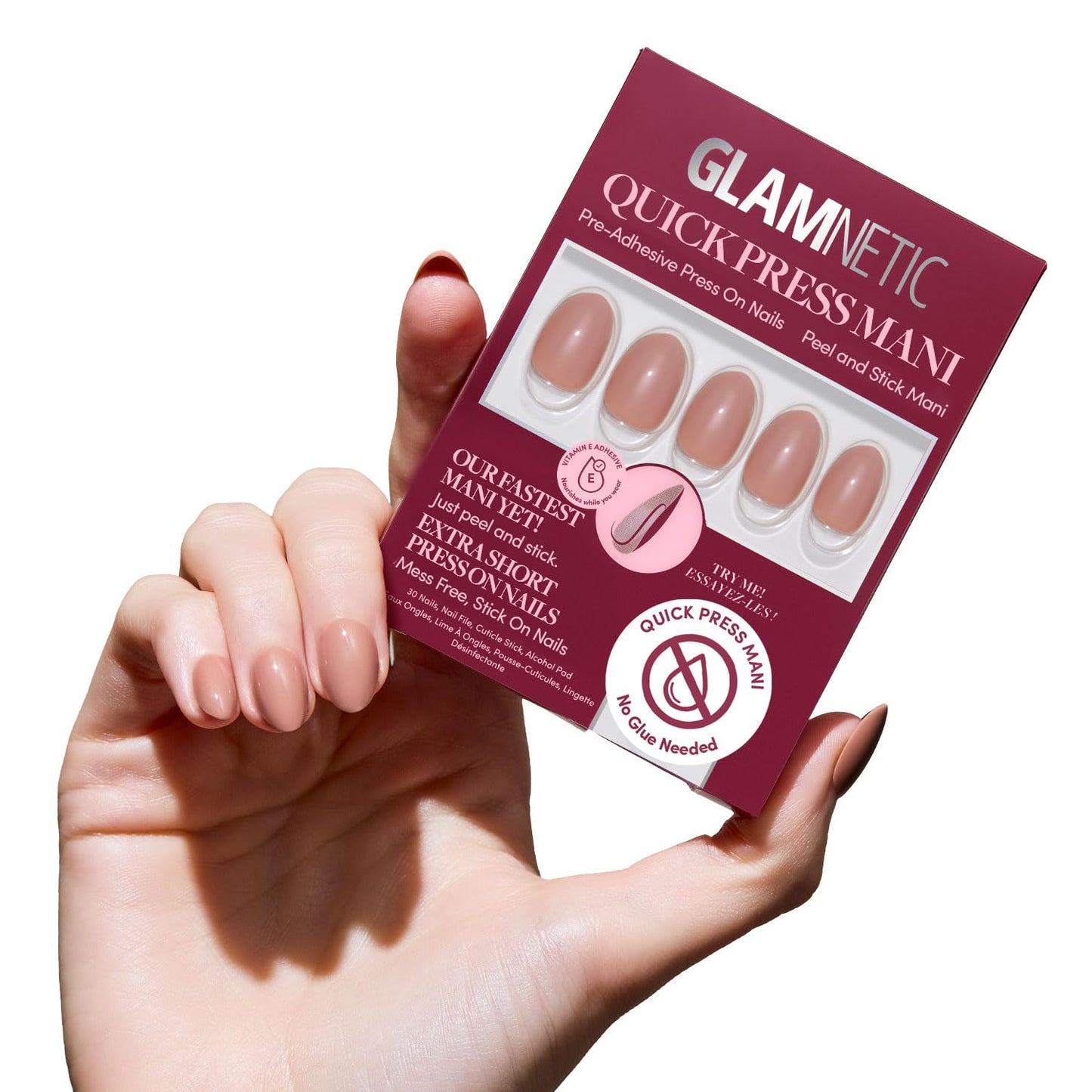 Glamnetic Quick Press Mani - No Glue Press On Nails, Just Peel and Stick, Oval Extra Short Nails, Mess Free, Salon Quality Stick On Nails, Teddy | in 15 Sizes - 30 Nail Kit