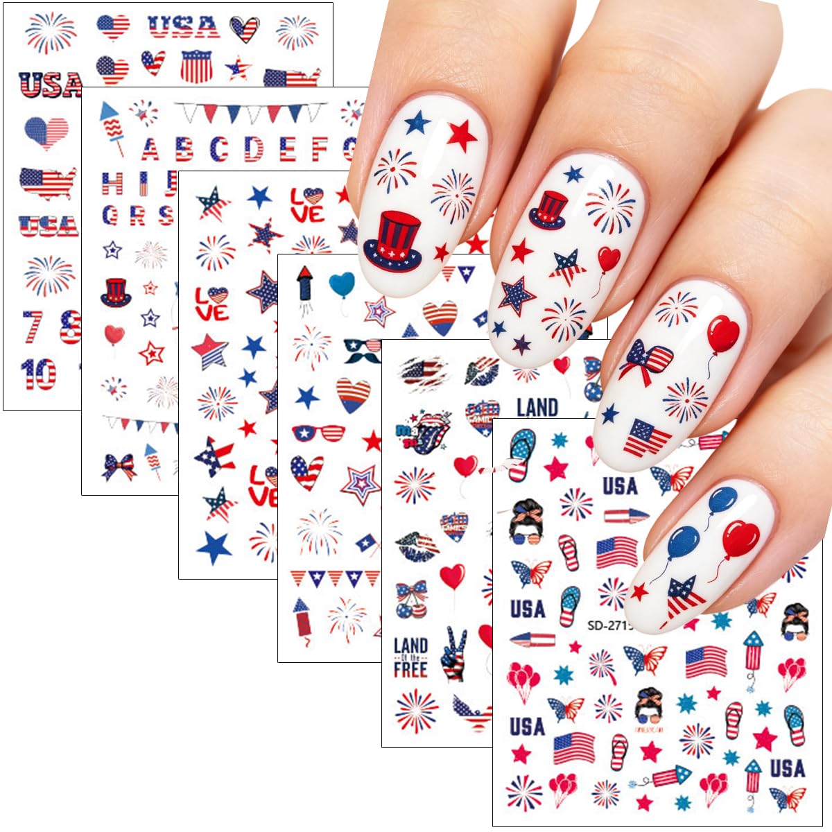 4th of July Nail Stickers 6 Sheets - 3D Embossed Red White & Blue Self-Adhesive Decals with American Flag, Stars & Fireworks, Independence Day DIY Manicure for Women