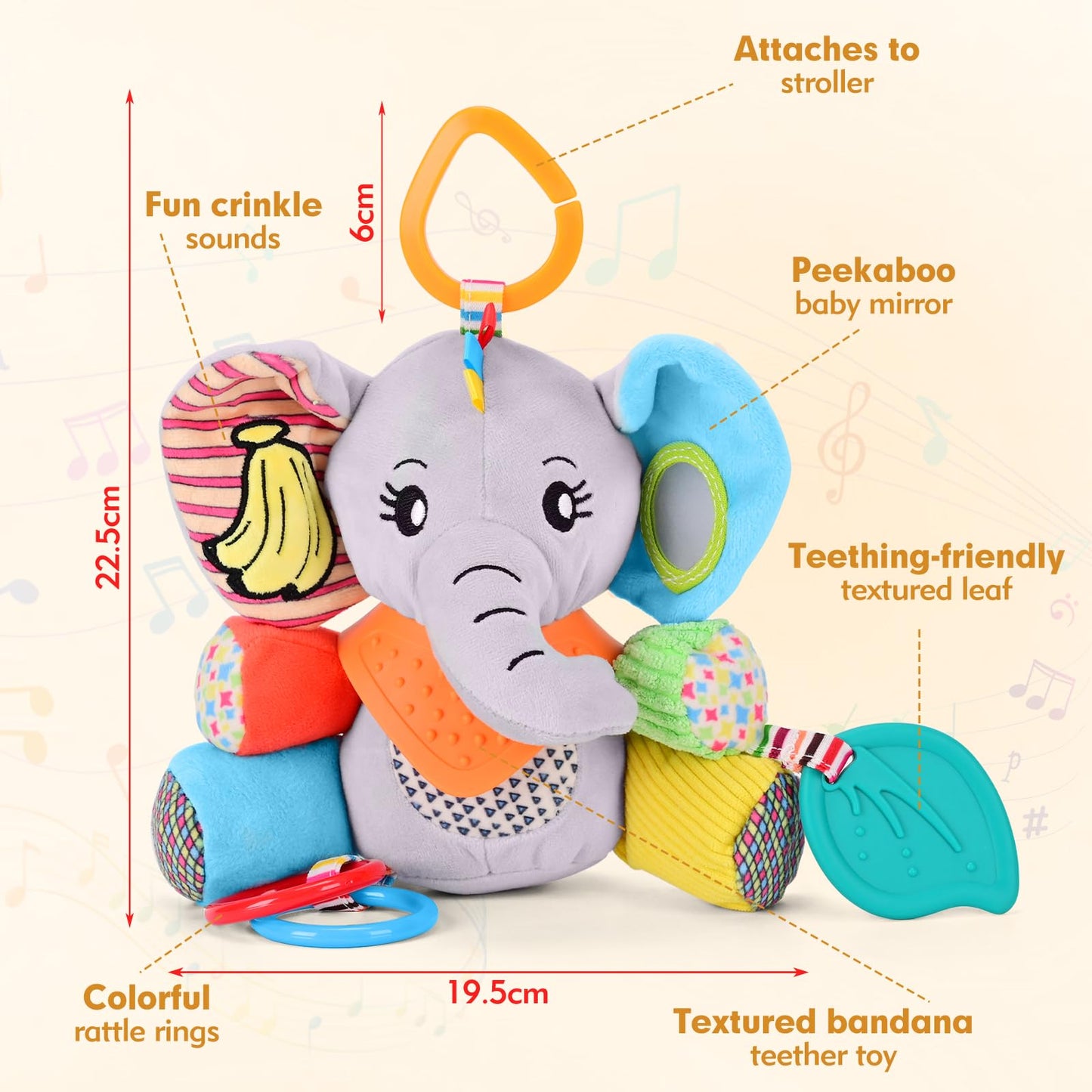 Baby Toys 0-12 Months Elephant with Detachable Touch-Sensitive Sound Box, 30 Sounds, Removable Bib, Teether, Rattle, BB Squeaker, Mirror for Strollers, Car Seats, Carriers