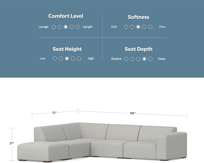 SIMPLIHOME Rex Left Corner Sectional Modular Sofa and Ottoman Set in 100% Recycled Polyester Tightly Woven Performance Fabric, Pale Grey, 116-inch-wide L-Shaped Sofa and 34-inch-Wide Ottoman