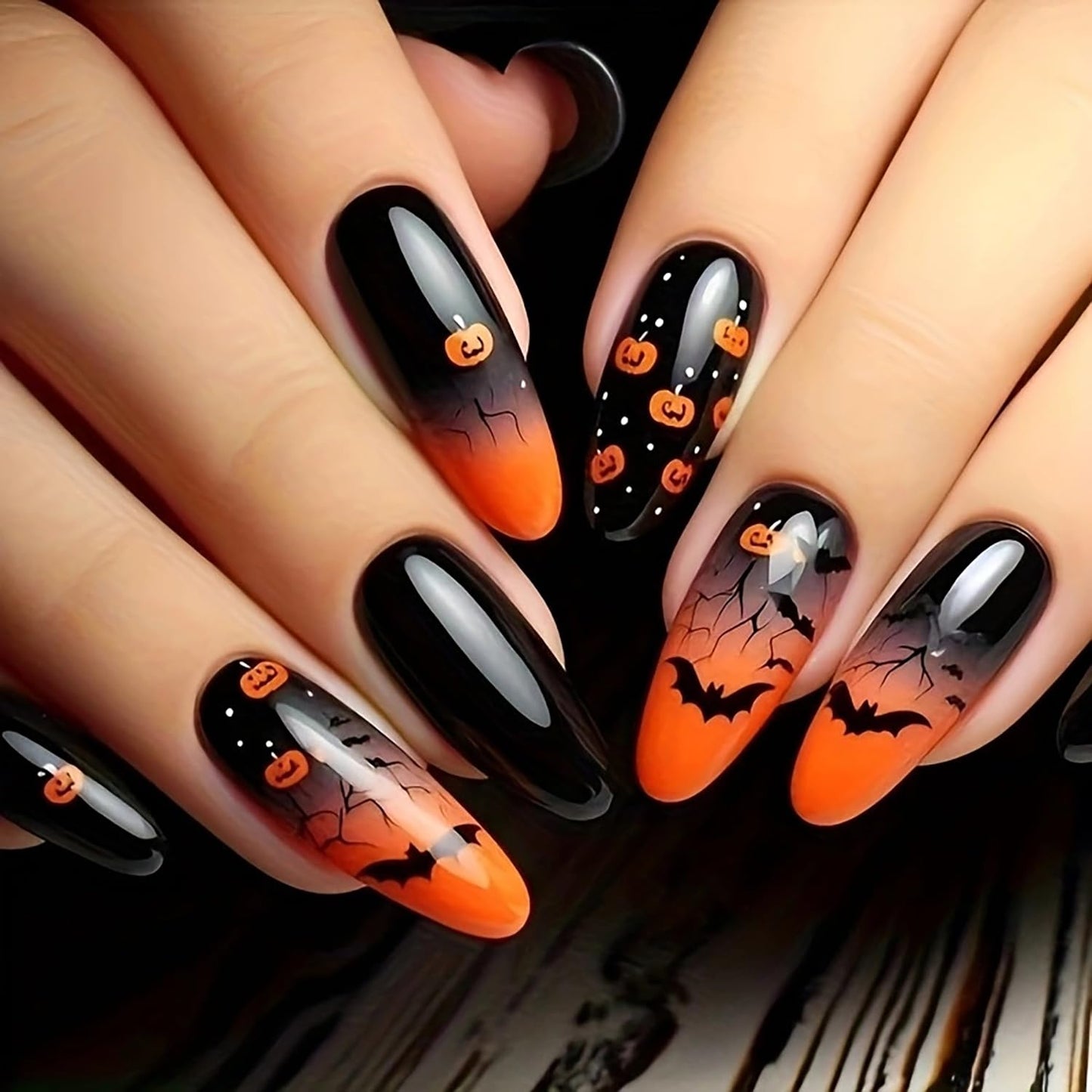 Halloween Bat Press on Nails Long Almond Pumpkin Ghost Pattern Halloween Nail Full Cover Glossy Artificial Acrylic False Nail French Tip Orange Gradient Glue on Nails for Women Festival Decoration