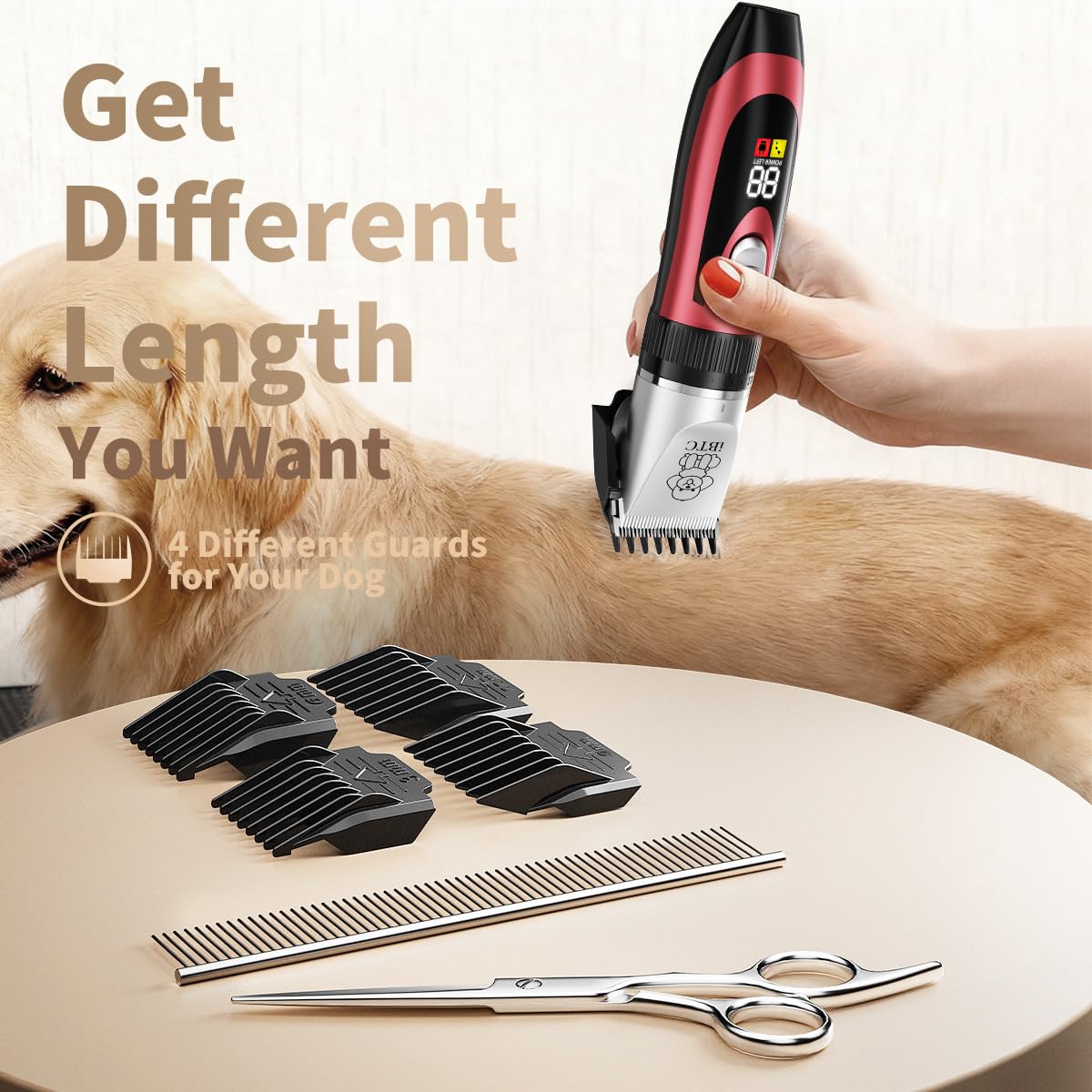 iBTC Dog Shaver Clippers Low Noise Rechargeable Cordless Electric Quiet Hair Clippers Set for Dogs Cats Pets Features a Ceramic Blade Head That is Removable (red)