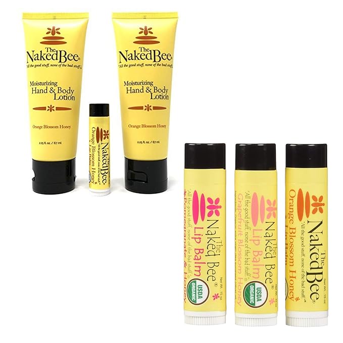 The Naked Bee Orange Blossom Honey Lotion and Lip Balm Set, Hydrating, Moisturizing, and Natural Skin Care Products Cruelty Free + Grapefruit Blossom Honey, and Pomegranate & Honey, 0.15oz