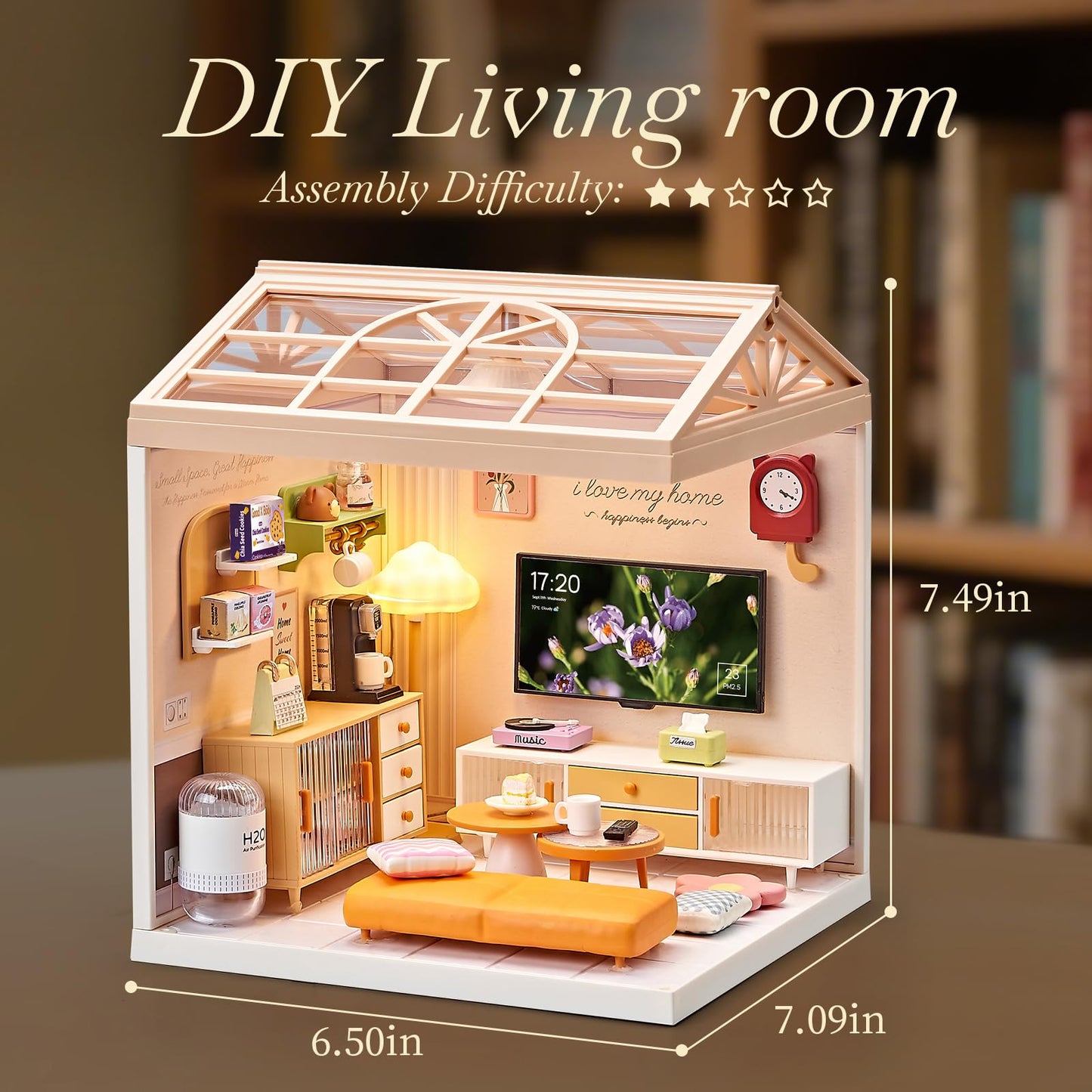 Qudify Miniature Living Room DIY Kit – 92Pcs 1:24 Scale Dollhouse Furniture with LED Light, Modular Scene Connector & Realistic Details for Kids 8+ and Collectors