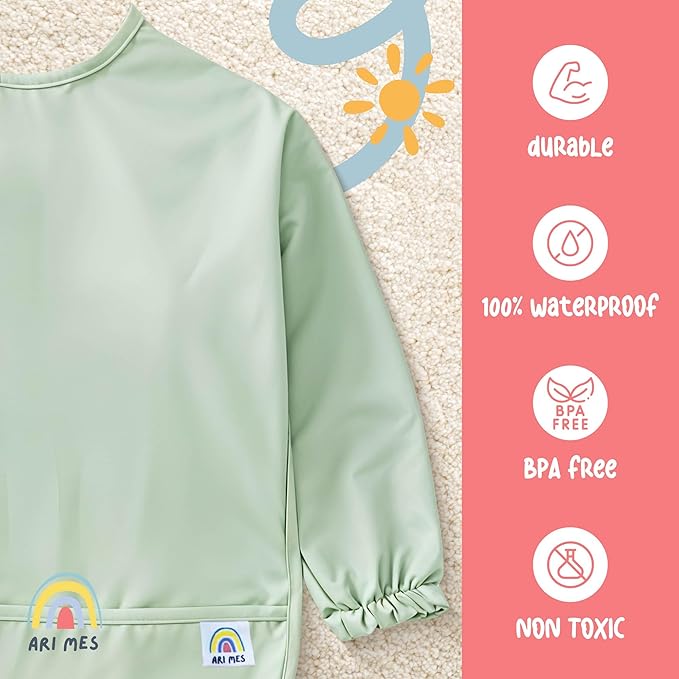 ARI MES Long Sleeves Waterproof Baby Bibs for Eating - Kitty Cats, Small - Wearable, Coverall for Toddler, Long Sleeve Bib, Smock Apron for Feeding - Applicable for 6-72 Months