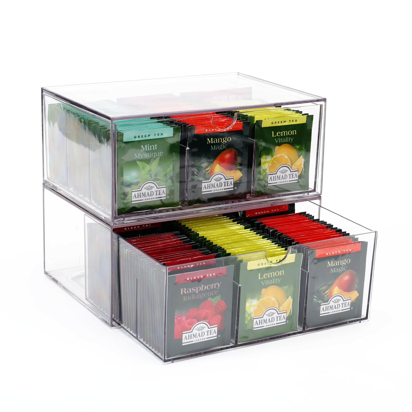 CLUQMEIK 2 Large Acrylic Tea Bag Organizer, 9 Grids Tea Organizers and Storage with Acrylic Drawers Stackable, Teabag Holder Organizer for Counter Countertop Kitchen Cabinet