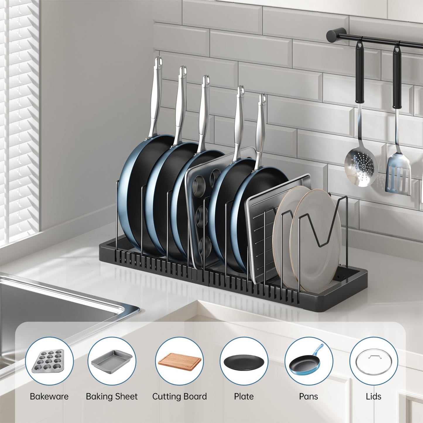 PanPanPal Pots and Pans Organizer under Cabinet, Expandable Pot Lid Organizer Holder with 10 Adjustable Compartment, Pan Organizers inside Cabinet for Lids, Bakeware, Kitchen Storage Pot Rack, Black