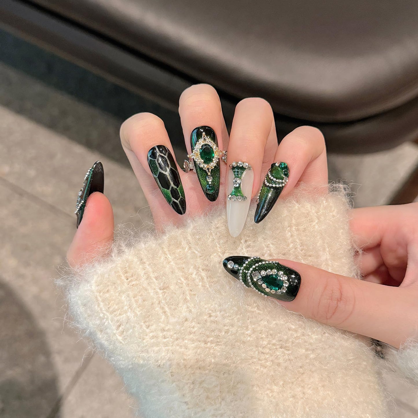 Yacey Luxury Emerald Handmade Press on Nails, Long Almond Reusable False Nails Press Ons, Gemstone Cat Eyes Thick Acrylic Fake Nails, 3D Bling Glue on Nails for Women Girls (10 Pcs, M)