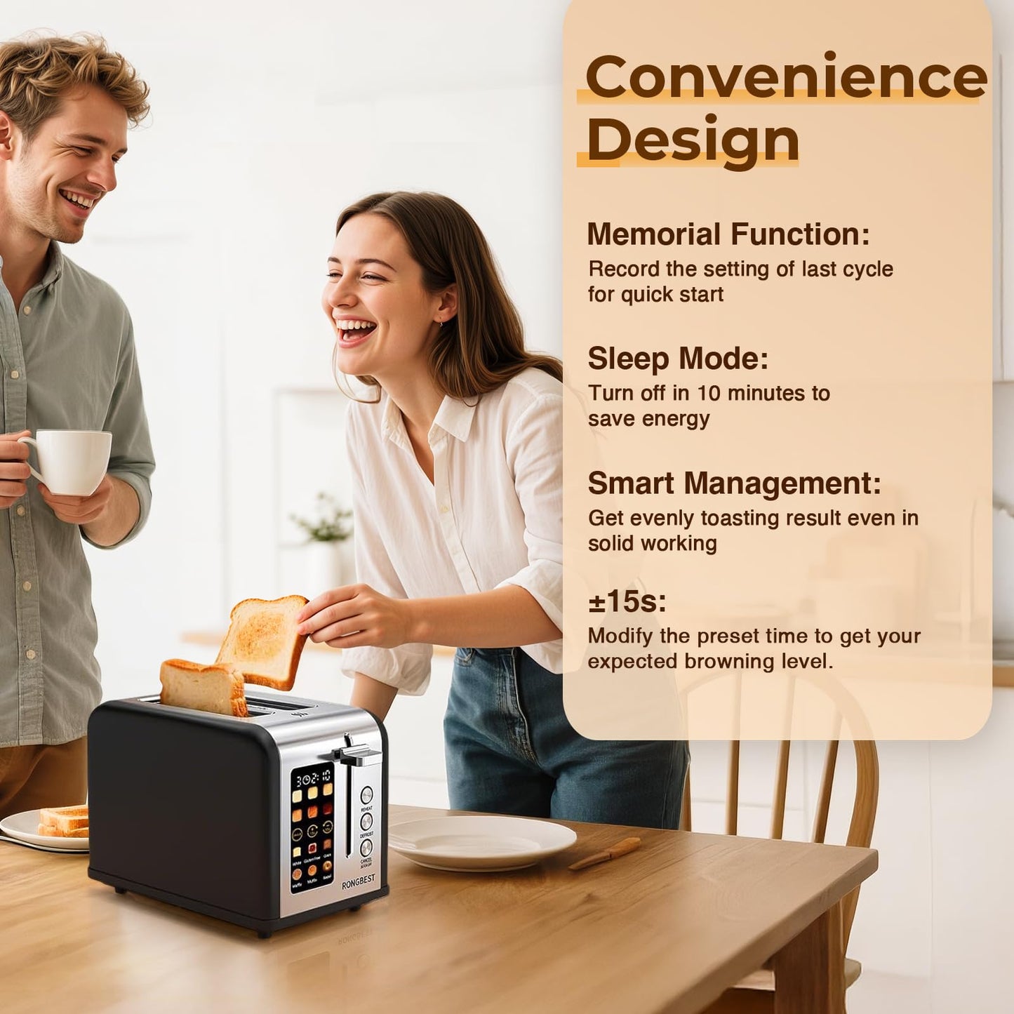 2 Slice Touch Screen Toaster Stainless Steel with Wide Slots, Even Toasting for Bagels & Bread, Defrost & Reheat, Easy Removable Crumb Tray, Matt Black