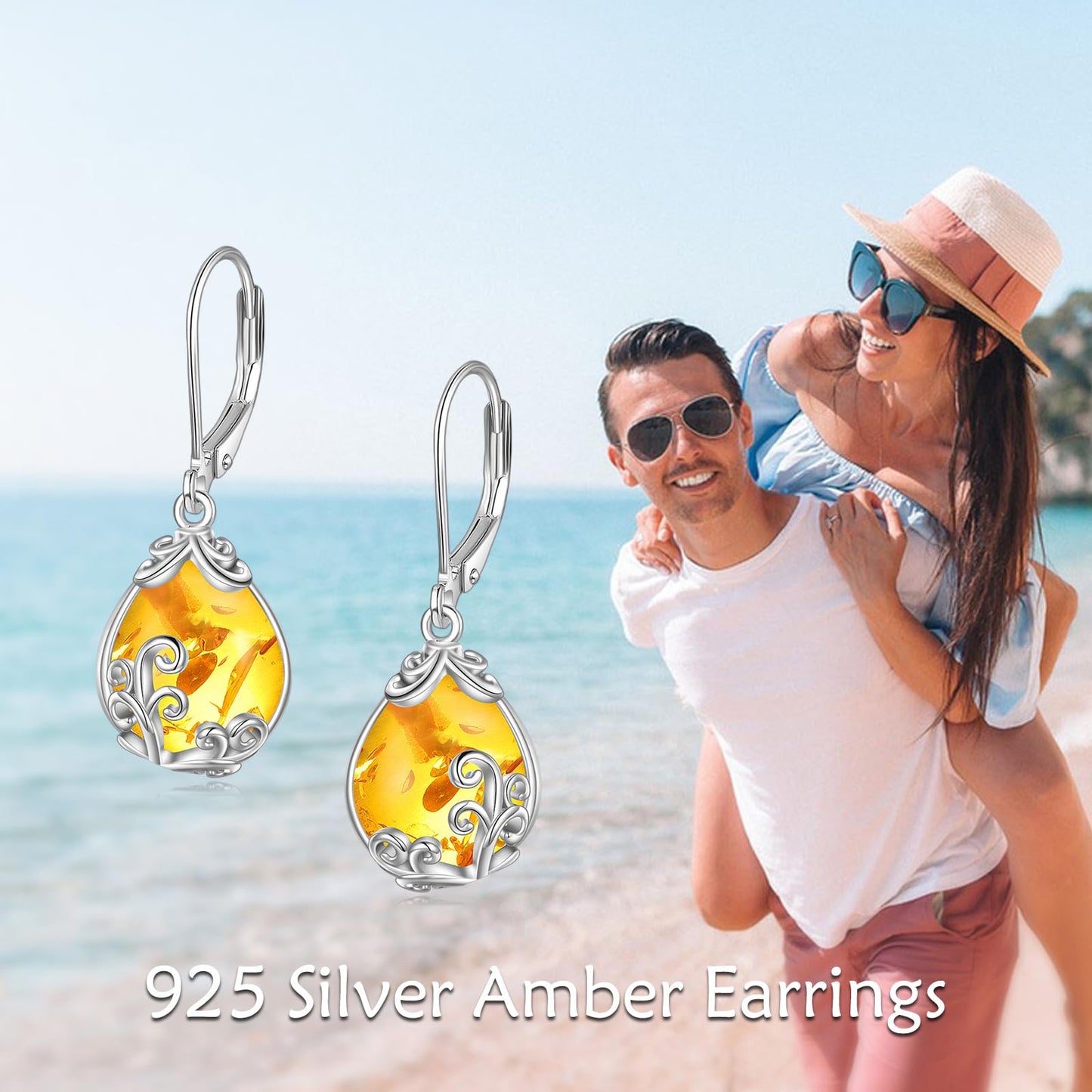 POPLYKE Amber Filigree Teardrop Drop Dangle Earrings Sterling Silver Leverback Earrings Jewelry for Women