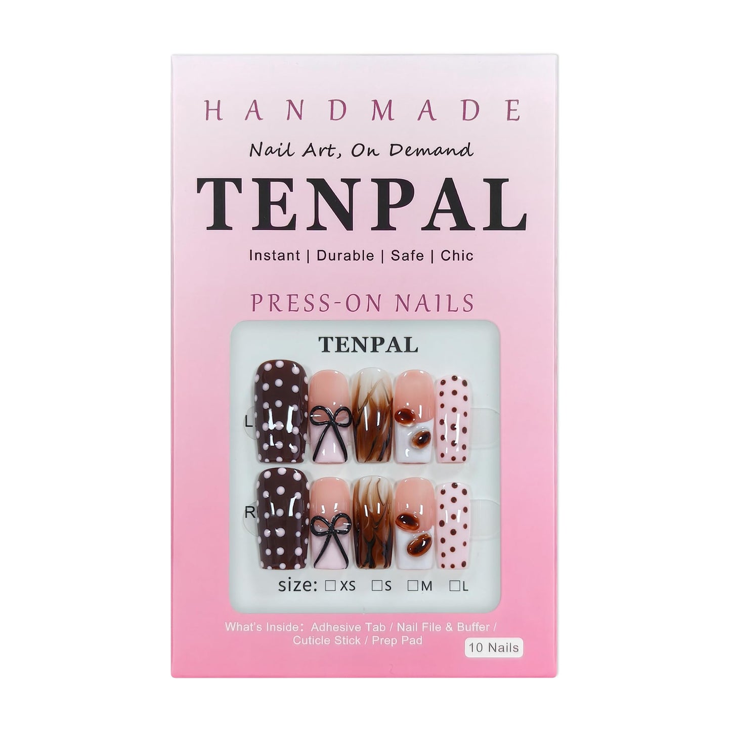 TENPAL Pink Coffee French Tip Press on Nails Medium Square, Polka Dot Ombre 3D Coffee Bean Cute Sweet Girly Reusable Salon False Nails for Daily Wear 10PCS(M)