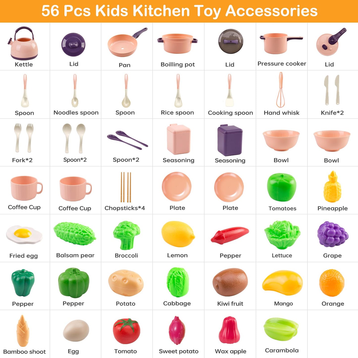 56Pcs Mini Play Kitchen Accessories for Kids, Pretend Cooking Playset with Cookware, Tableware & 2 Fruit Sets, Learning Gift for Girls, Boys, Toddlers, Pink