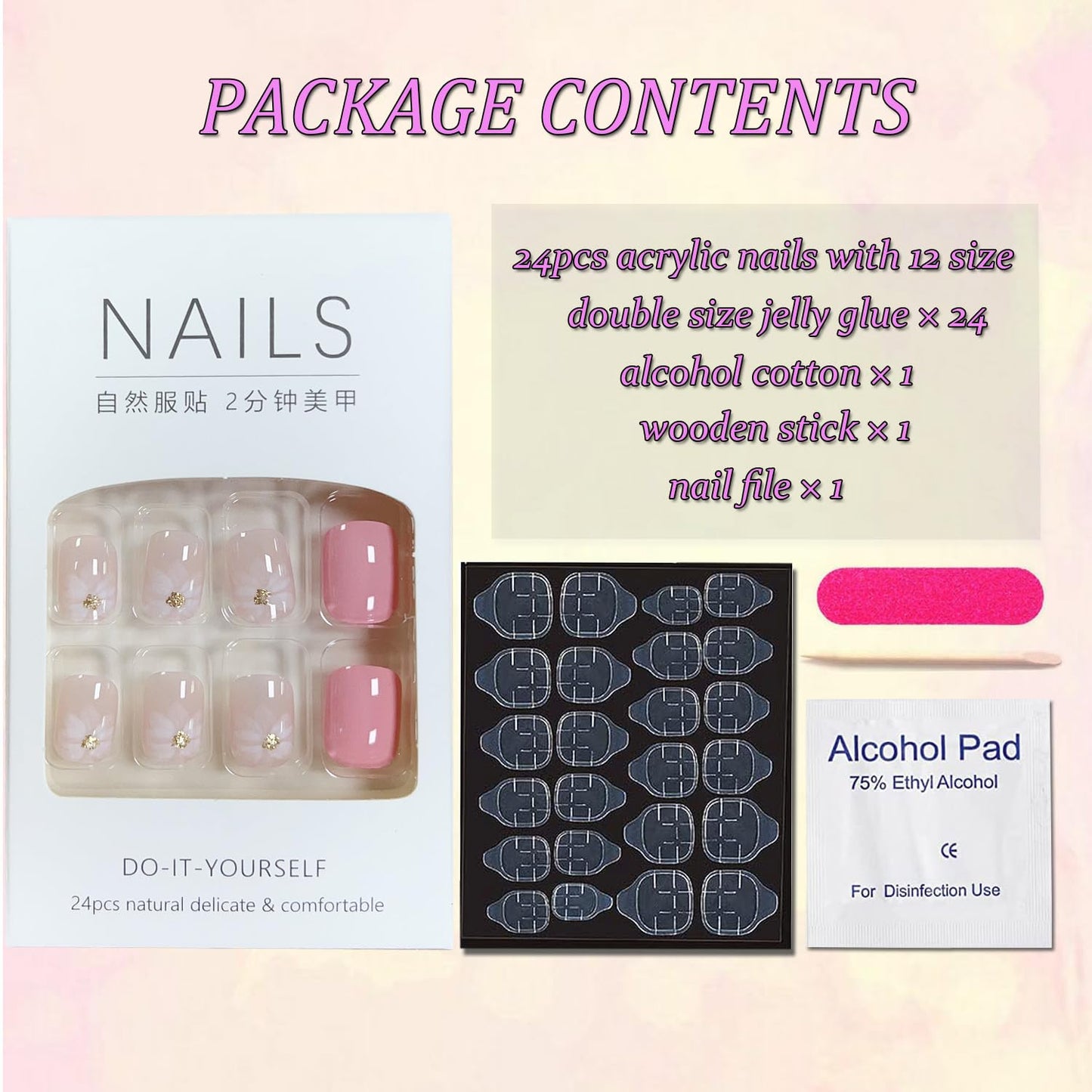 Flower Press On Nails - Glossy Pink Nails with White Flowers Designs - Cute Short Acrylic Nail Kit - 24Pcs