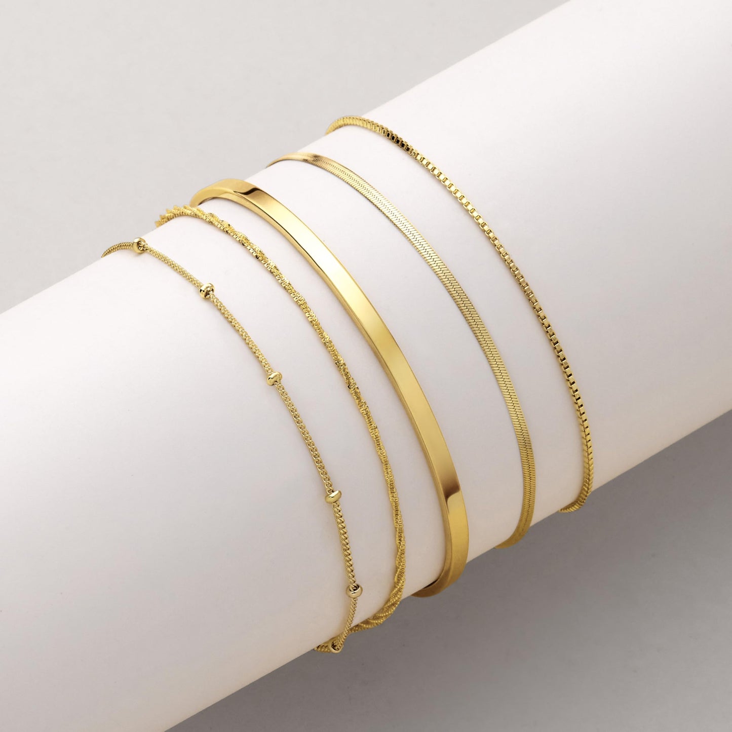 Dainty Gold Bracelets for Women, Minimalist 14K Gold Plated Stackable Thin Bracelet Set Box Link, Paperclip, Herringbone, Sparkling Chain, Bangle Cuff, Adjustable Simple Small Waterproof Jewelry Gifts for Women