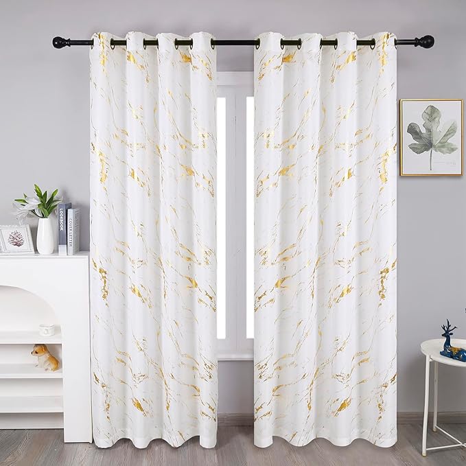 Taisier Home Gold Foil Print Linen Textured Curtains - Geometric Marble Pattern Design for Living Room - Thermal Insulated Window Treatment, 2 Panels, 84" L, Off White and Gold