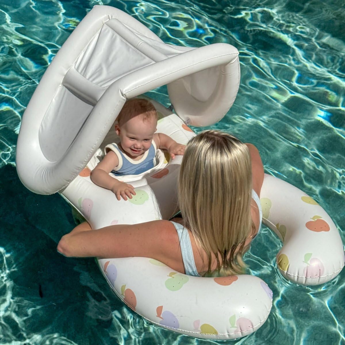 Sunnylife Float Together Baby Seat with Canopy | Inflatable Infant Pool Float, Soft Leg Cradles & Headrest | Non-Toxic Phthalate-Free PVC | Fits 24–33 lbs | Apple Sorbet