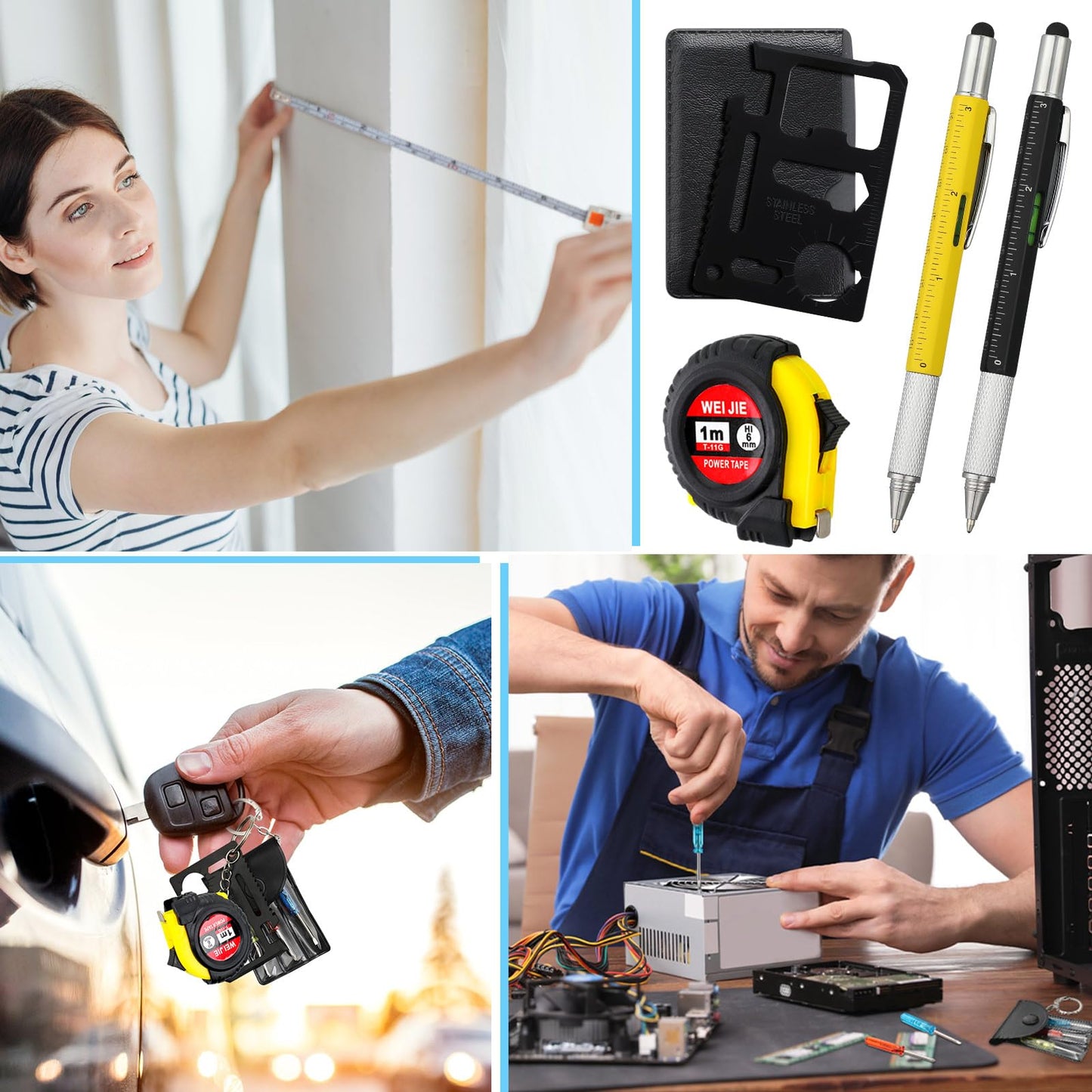 Saysurey 48 Pcs Mini Tape Screwdriver Keychain Set Father's Day Gifts Bulk Men Gifts Bulk Multitool Pen Card for Adult (Yellow,Black)