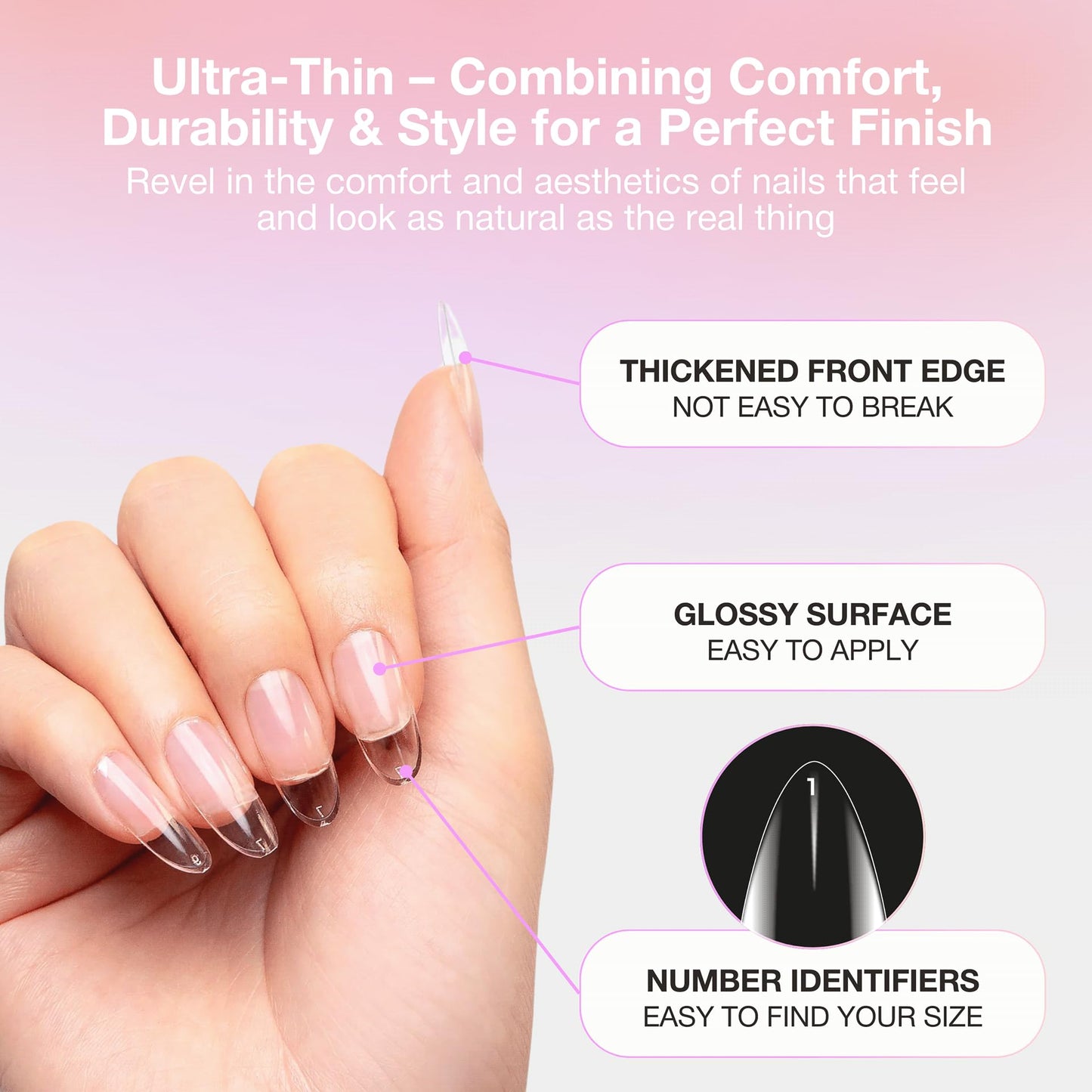 Curacoro Natural Long Round Gel Nail Tips 420Pcs, Clear Full Cover Soft Acrylic Tips 14 Sizes, Easy to Use, Long-Lasting, Glossy Finish