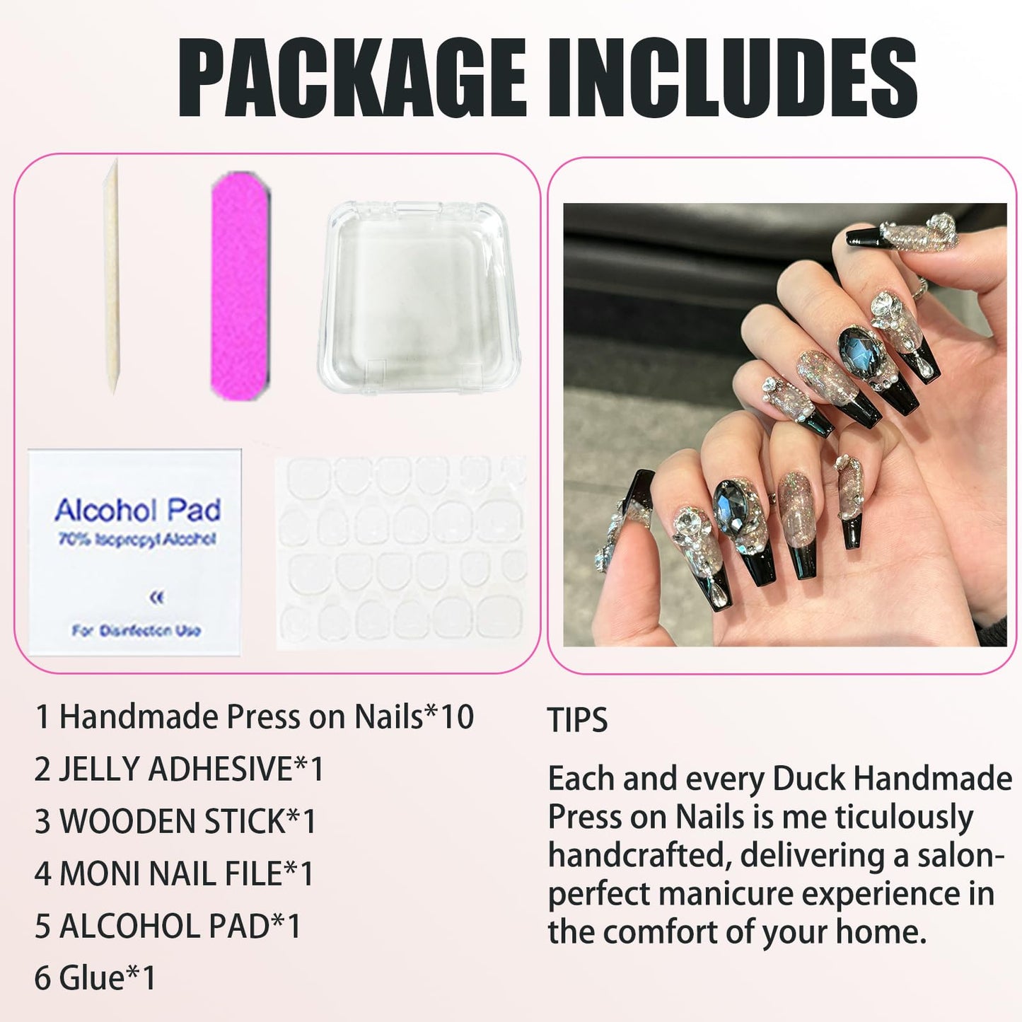 Handmade Press On Nails Long Square Reusable Stick On Fake Nails Luxury Elegant Sexy Style For Women Gift With Nail Glue Black L