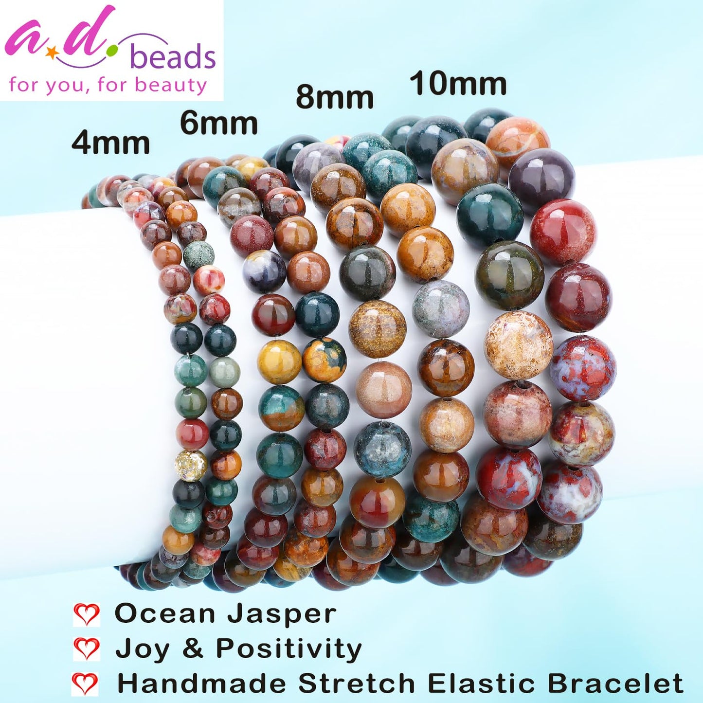AD Beads 8mm Handmade Ocean Jasper Elastic Bracelet – Natural Gemstone for Joy & Positivity – Meditation, Yoga, Healing and Energy Gift for Men Women