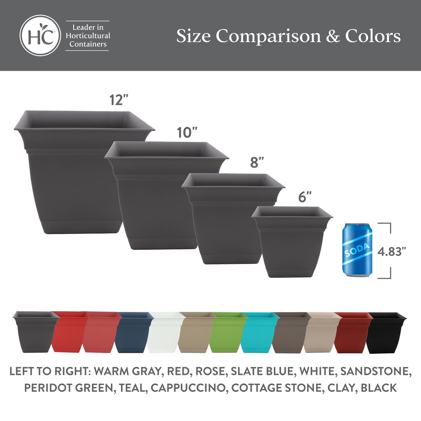 The HC Companies 8 Inch Eclipse Square Planter Pots with Drainage Holes & Attached Saucer, Lightweight UV-Resistant Plastic Indoor Outdoor Planters, 4-Pack Flower Pots, Garden Home Decor, Slate Blue