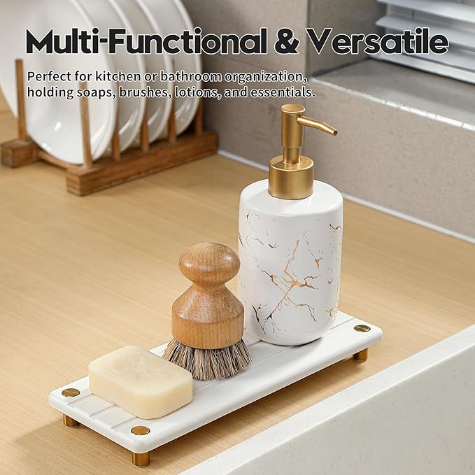 Instant Dry Sink Caddy Kitchen Sink Organizer, Quick Drying Diatomaceous Earth Stone Sink Tray Sponge Holder Soap Dish, Bathroom Countertop Vanity Dispenser Toothbrush, Gold White, 10" x 4"