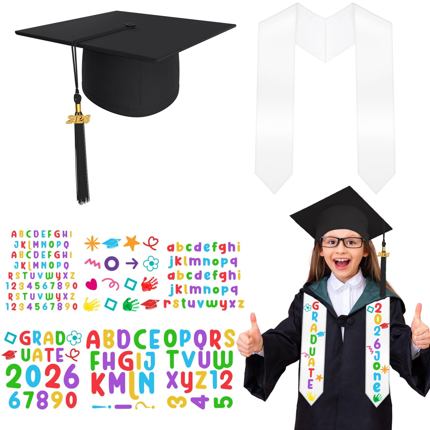 8 Pcs 2026 Preschool Kindergarten Graduation Cap Stole Iron on Decal Set Graduation Cap and Sash Blank Stole Graduation Gifts for DIY Crafts Kit