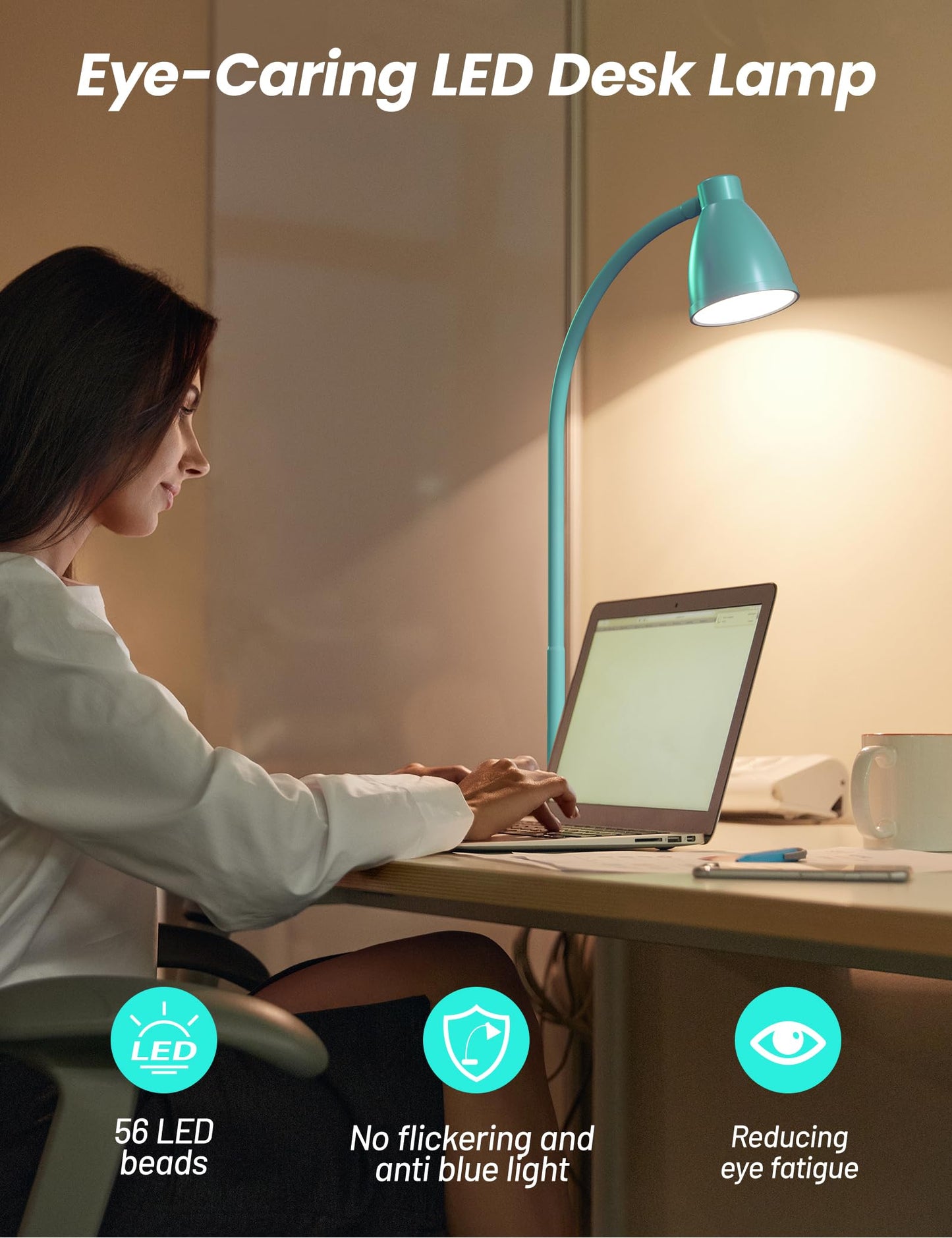 BOHON LED Desk Lamp with USB Charging Port, 3 Color Modes Fully Dimmable Reading Lamp, Auto Dimming Task Lamp, Flexible Neck Table Light for Office Dorm Bedside, Adapter Include, Teal